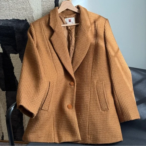 Vintage 80s/90s Tan Wool Blazer Jacket | Size M - Picture 5 of 8